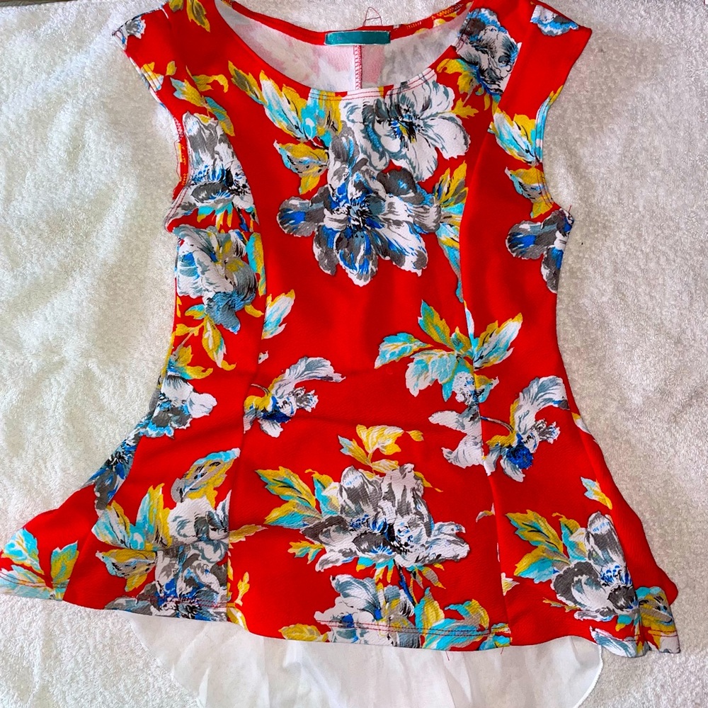 Floral Peplum Top with sheer train in back. High low fit.